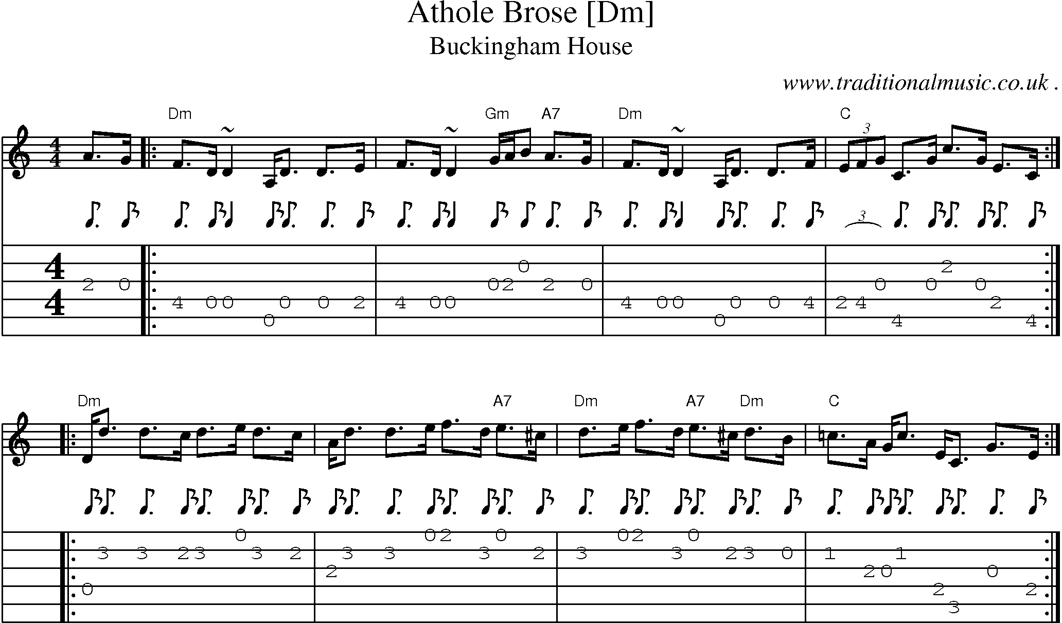 Sheet-music  score, Chords and Guitar Tabs for Athole Brose [dm]